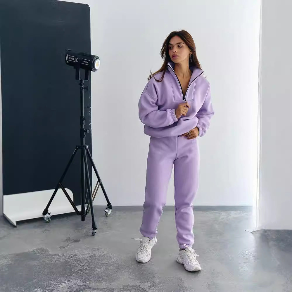 Women's Athleisure Two-Piece Set Made of Thick French Terry with a High Collar, Half Zipper, and Drawstring Pants