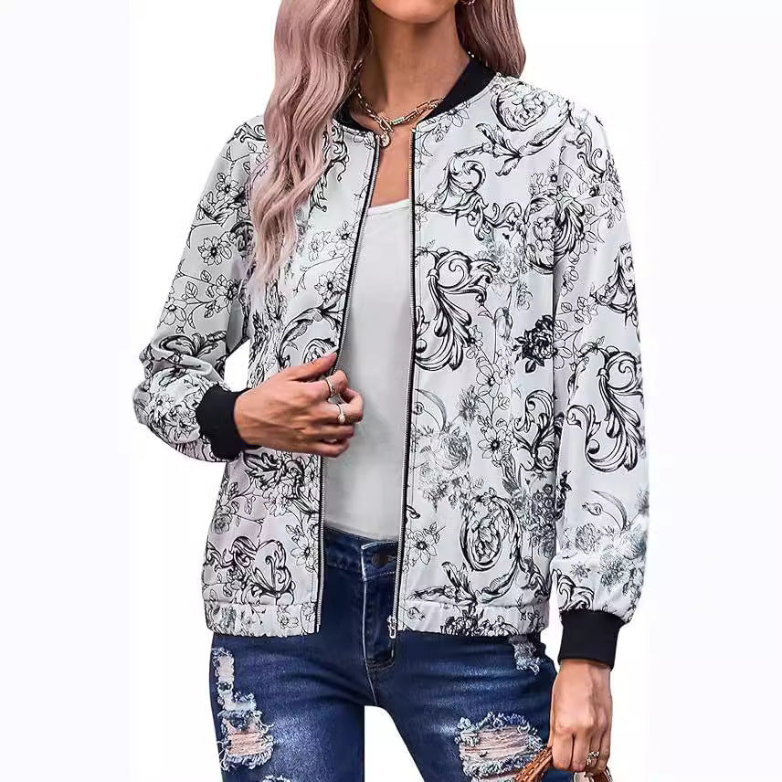 Women's Floral Bomber Jacket with Elastic Cuffs