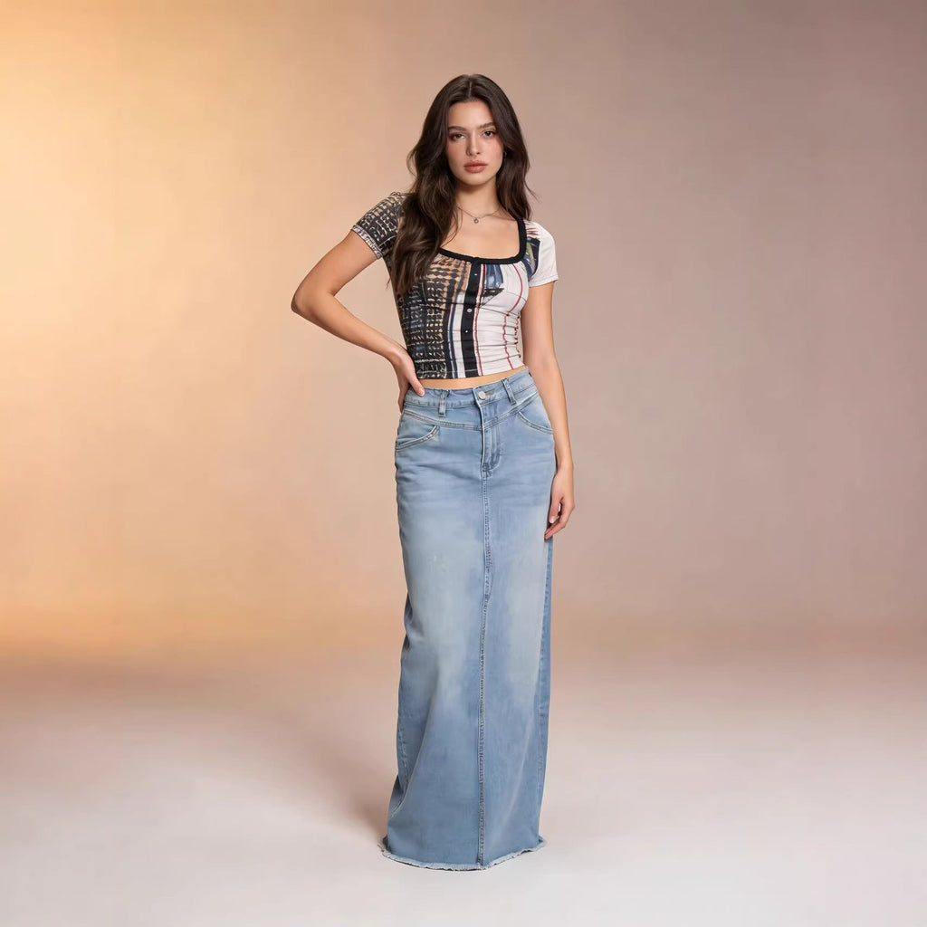 Women's High-Waisted Denim Maxi Skirt with Frayed Hem