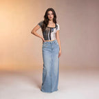 Women's High-Waisted Denim Maxi Skirt with Frayed Hem