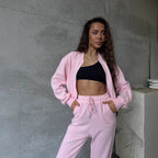 Women’s loungewear set with short zip jacket and high-waisted jogging pants with side split