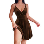 Women's Elegant Velvet A-Line Dress with Deep V-Neck and Side Slit