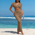 Women's Crocheted Two-Piece Set with Crop Top and Maxi Skirt