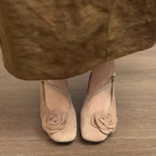 Women's Ballet Flats with Decorative Flower Appliqué and Comfortable Block Heel