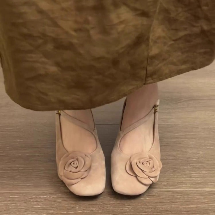 Women's Ballet Flats with Decorative Flower Appliqué and Comfortable Block Heel