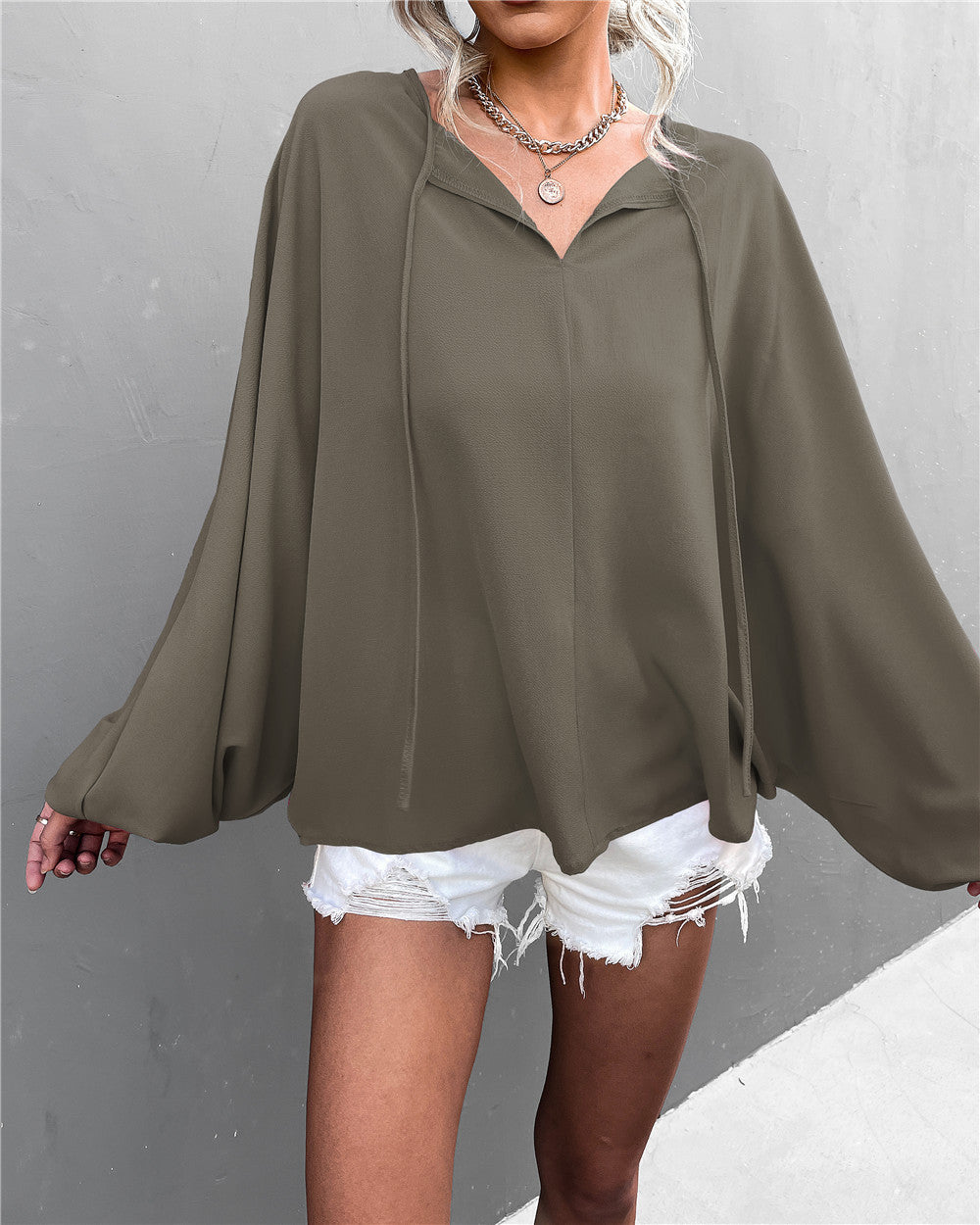 Women's Airy Blouse with Wide Sleeves and Bow Detail