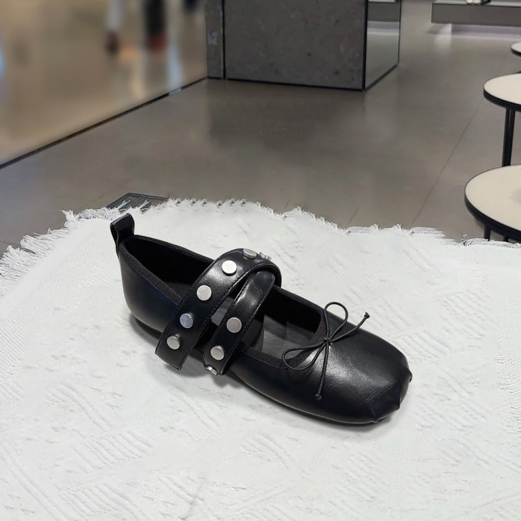 Women's Suede Ballet Flats with Fashionable Strap Design and Stylish Press Studs