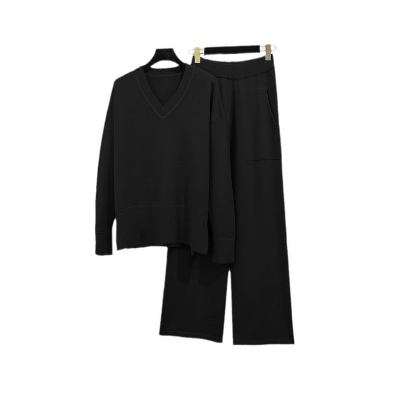 Women's Casual Knit Loungewear Set with Deep V-Neck and Pockets