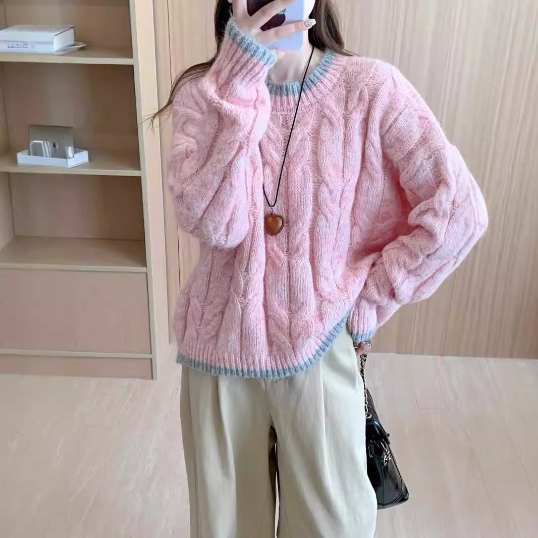 Women's Chunky Knit Sweater with Cable Pattern and Round Neckline