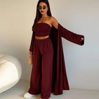 Women's Elegant 3-Piece Set with Wide-Leg Trousers and Fitted Top