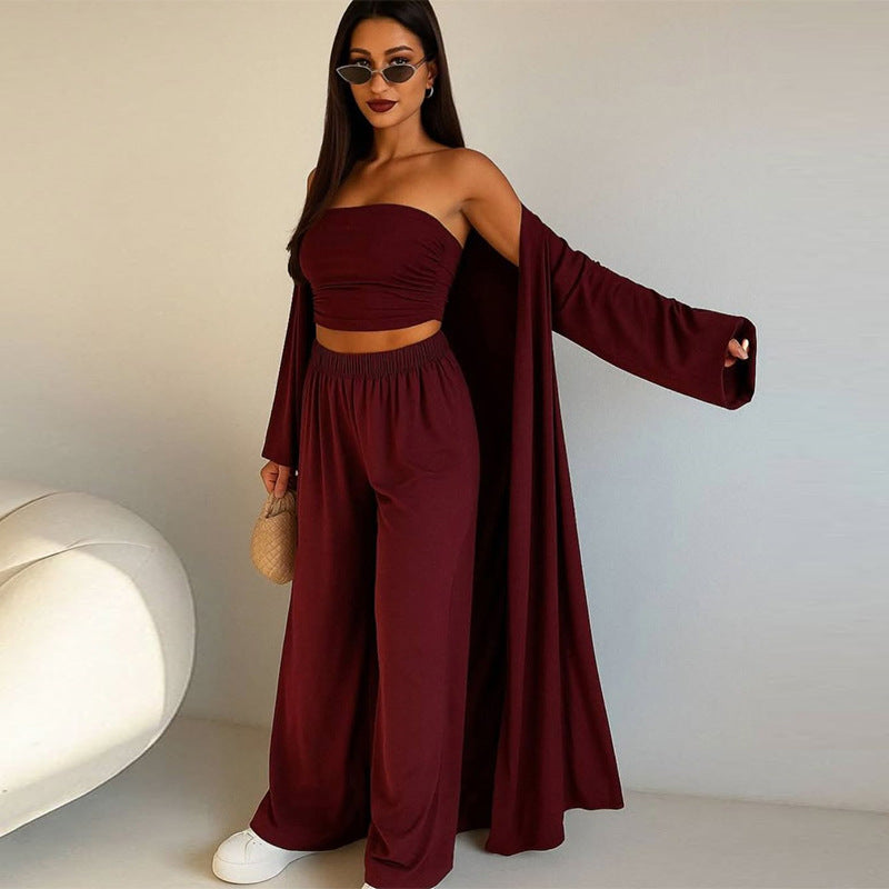 Women's Elegant 3-Piece Set with Wide-Leg Trousers and Fitted Top
