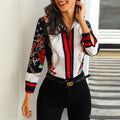 Elegant Women's Long-Sleeve Blouse with Floral Print and Chain Motif