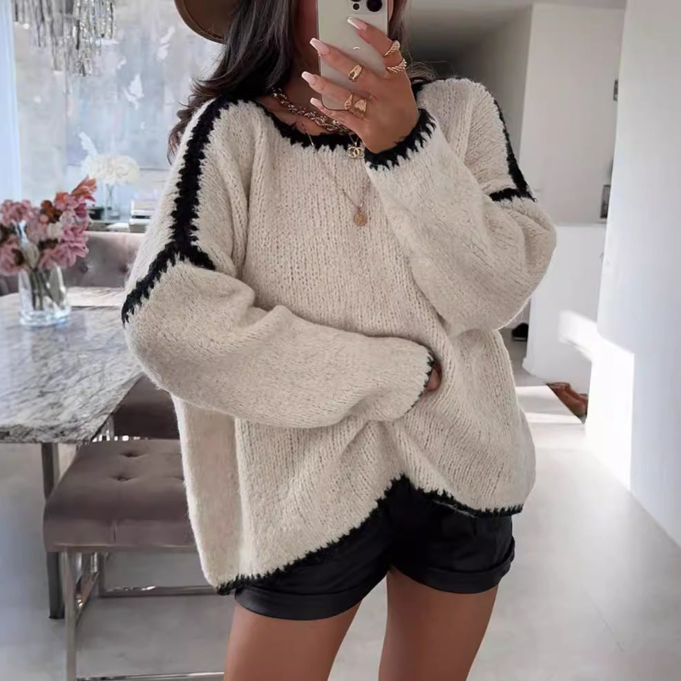Women's Chunky Knit Sweater with Contrast Trim and Loose Fit