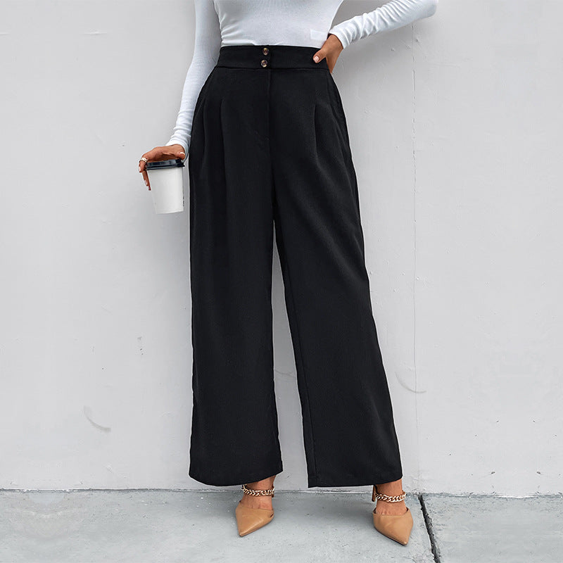 Women's Elegant High-Waisted Wide-Leg Trousers with Textured Fabric and Decorative Buttons