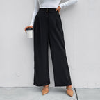 Women's Elegant High-Waisted Wide-Leg Trousers with Textured Fabric and Decorative Buttons