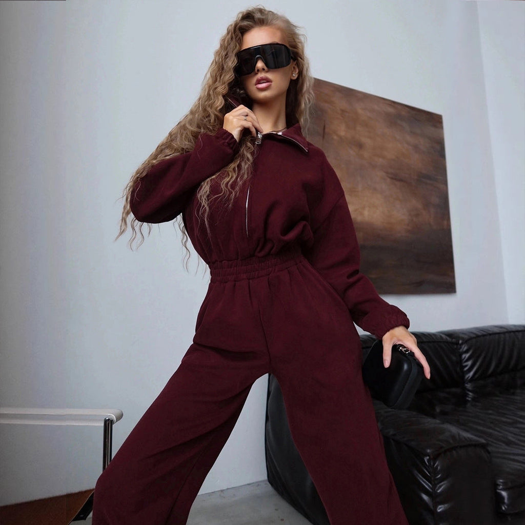 Women's Fleece Jumpsuit with High Collar and Side Zipper
