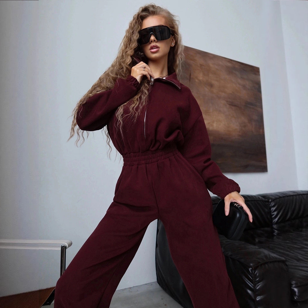 Women's Fleece Jumpsuit with High Collar and Side Zipper