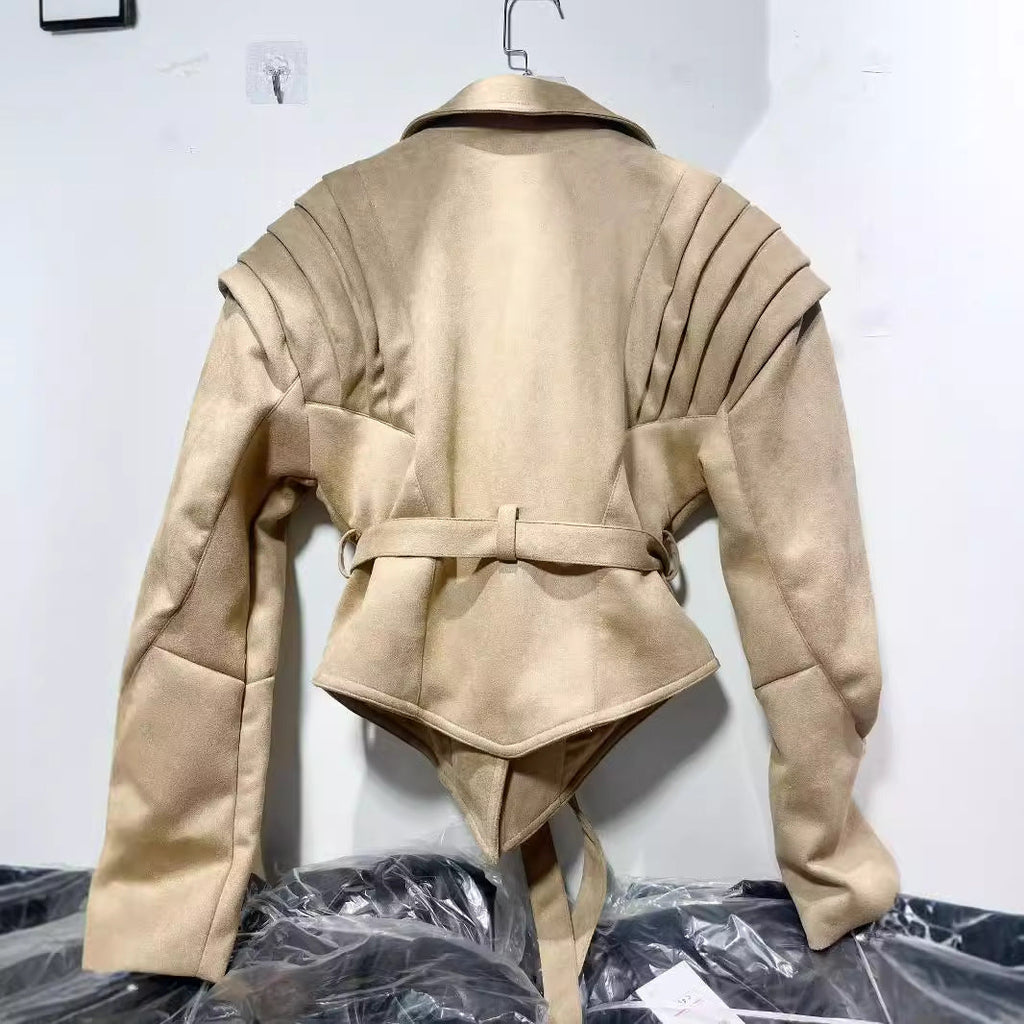 Women's Elegant Faux Leather Jacket with Ruffle Details