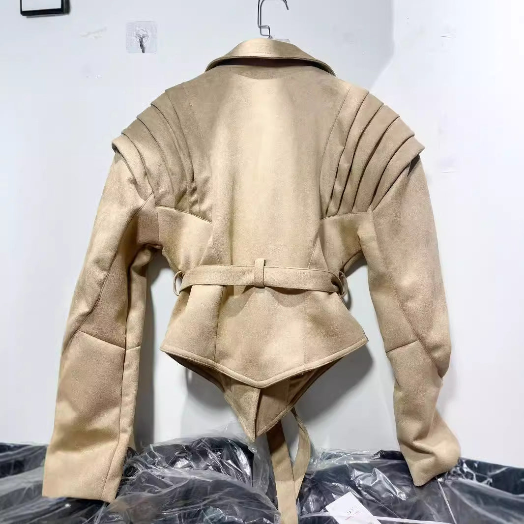 Women's Elegant Faux Leather Jacket with Ruffle Details