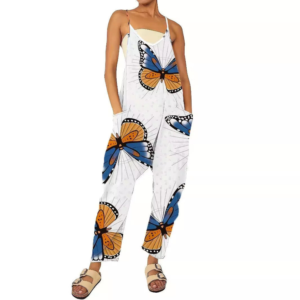 Women's Butterfly Print Jumpsuit with Pockets