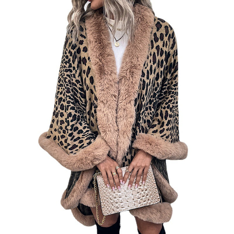 Women's Cozy Poncho with Faux Fur Trim and Leopard Print