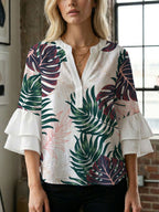 Women's Blouse Shirt with Voluminous Sleeves and Creative Print Design