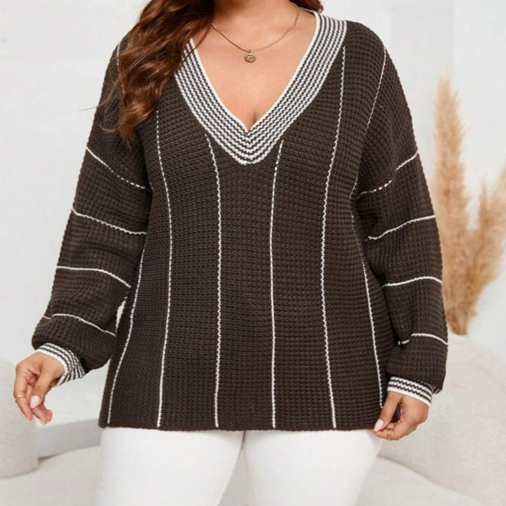 Women's Chunky Knit Sweater with V-Neck and Striped Pattern