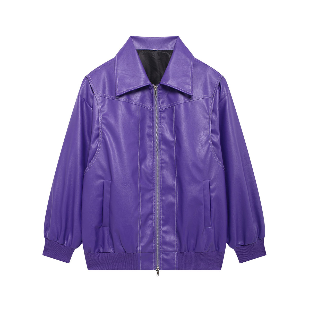 Women's Elegant Faux Leather Jacket with High Collar and Elastic Cuffs