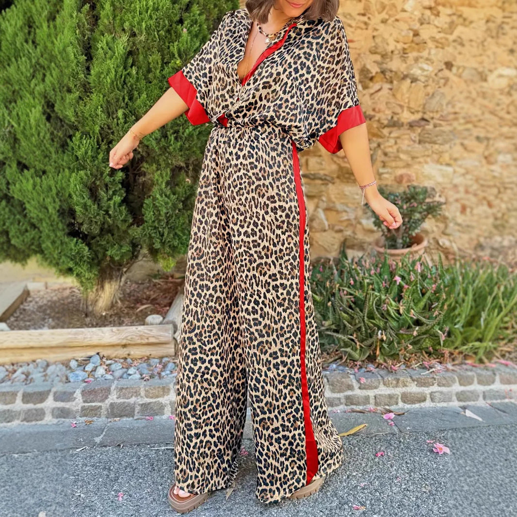 Women's Leopard Print Linen Jumpsuit with Contrast Details