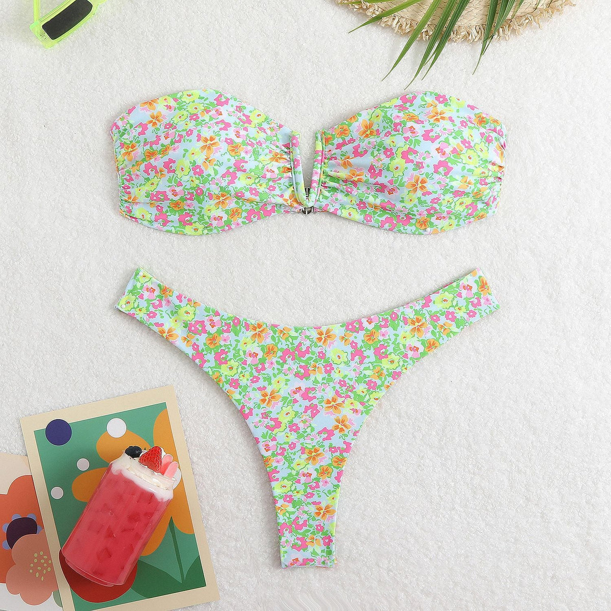Women's Bandeau Bikini with Floral Design and Elegant Closure