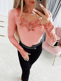 Women's Elegant Shirt with Floral Lace Appliqués and Sparkling Details