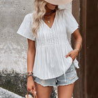 Women's Blouse with Elastic Waist and Fine Embroidery