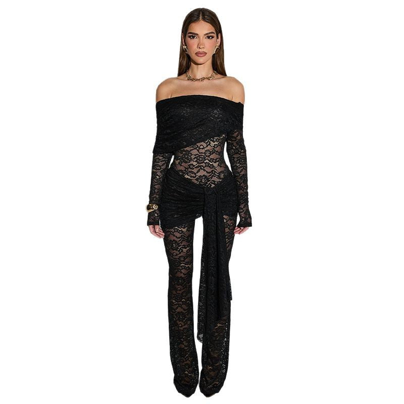 Elegant Lace Jumpsuit with Off-Shoulder Design and Wrap Effect