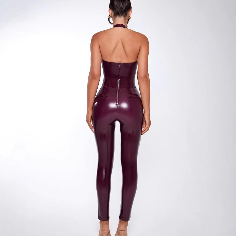 Women's Bodycon Jumpsuit in Glossy Material with Deep V-Neck