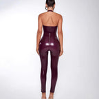 Women's Bodycon Jumpsuit in Glossy Material with Deep V-Neck