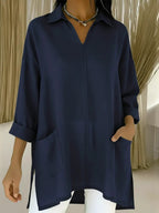 Women's Long-Sleeve Blouse with V-Neck and Pockets