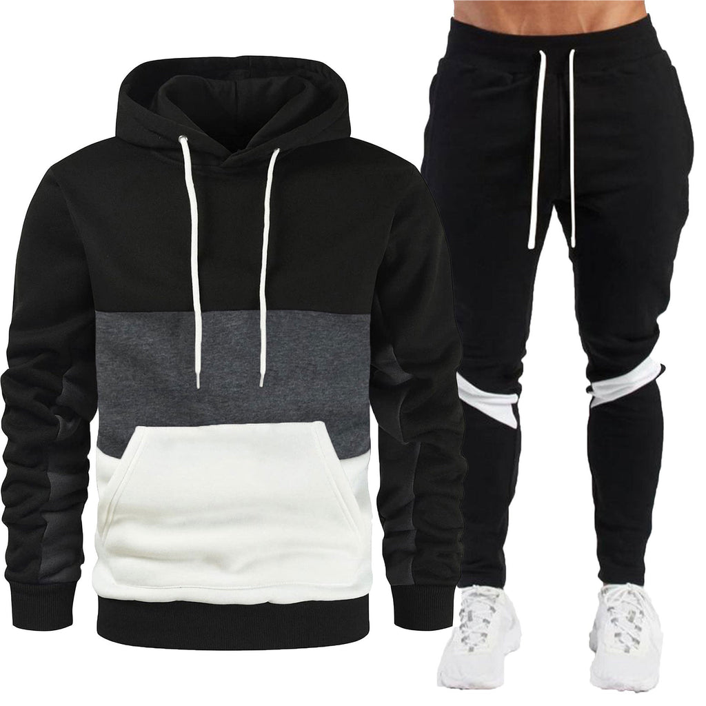 Men's sporty hoodie and jogger set with contrast trims, kangaroo pocket, elastic waistband, and tapered leg