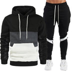 Men's sporty hoodie and jogger set with contrast trims, kangaroo pocket, elastic waistband, and tapered leg