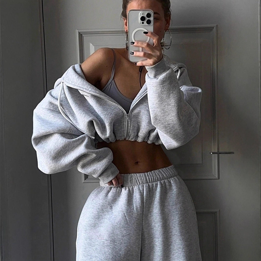 Women’s Athletic Cropped Zip Hoodie and High-Waist Joggers