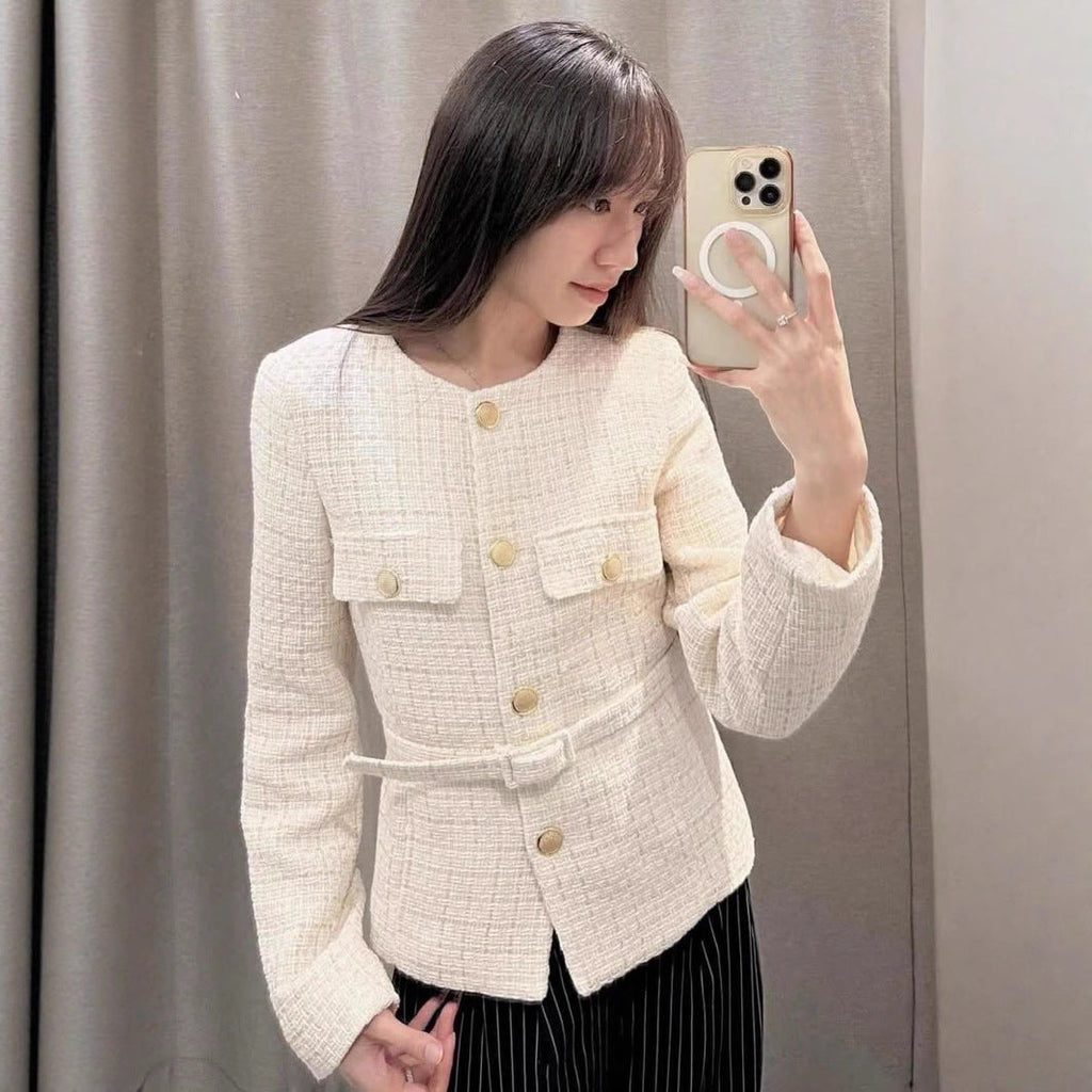 Elegant Women's Tweed Jacket with Double-Breasted Button Front and Pockets