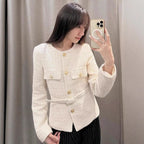 Elegant Women's Tweed Jacket with Double-Breasted Button Front and Pockets