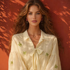 Women's Blouse with Ruffle Details and Floral Embroidery