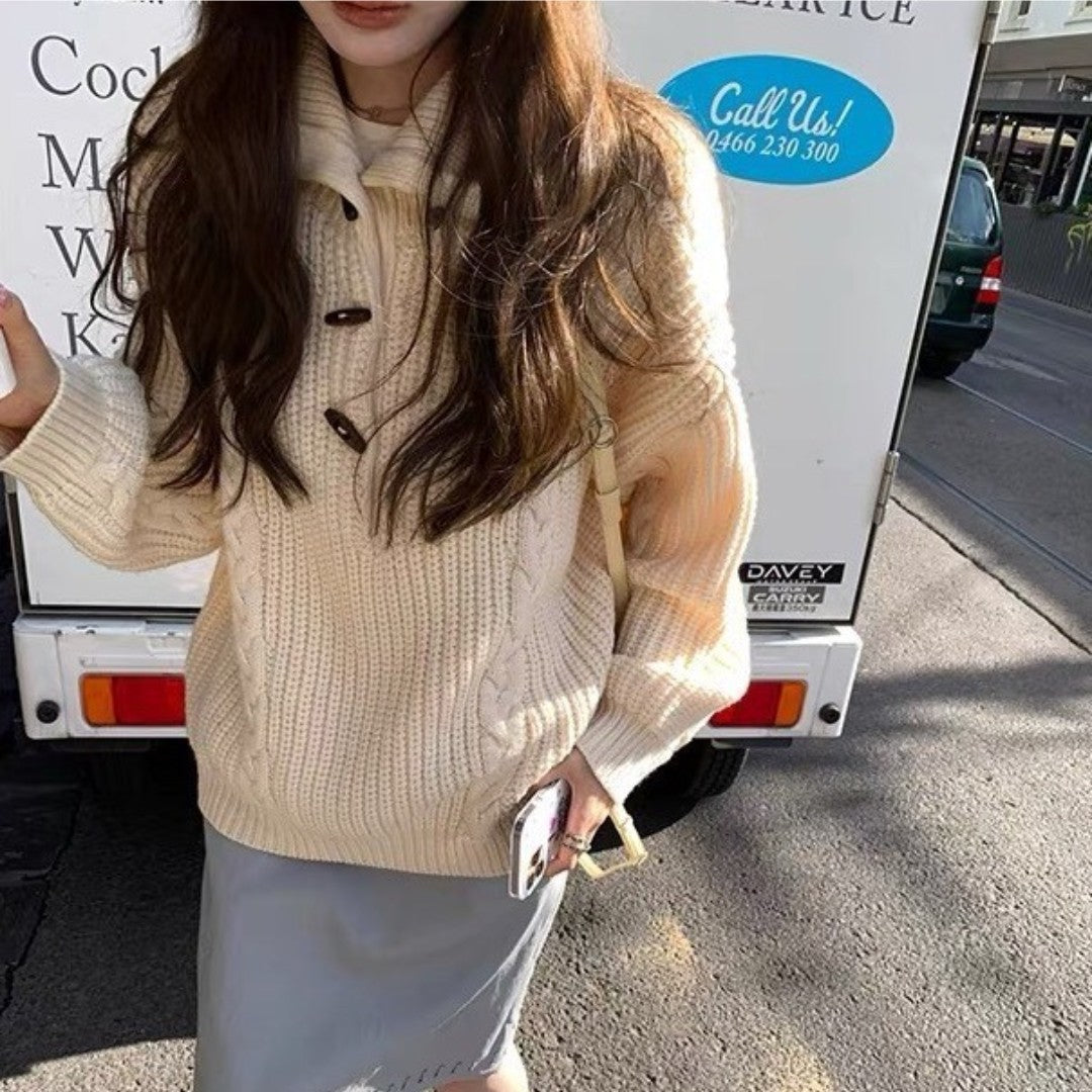 Women's Chunky Cable Knit Sweater with Button Details