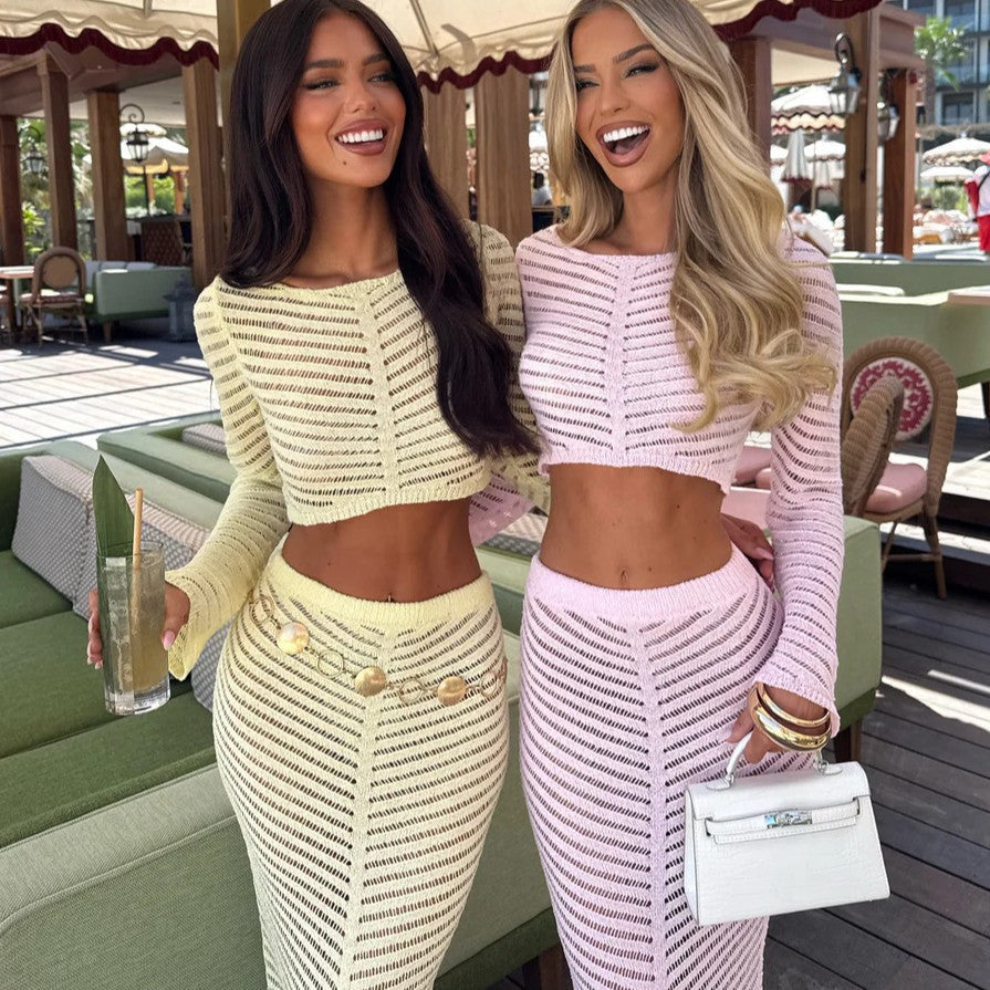 Women's Elegant Crocheted Set with Long-Sleeve Crop Top and Figure-Hugging Skirt