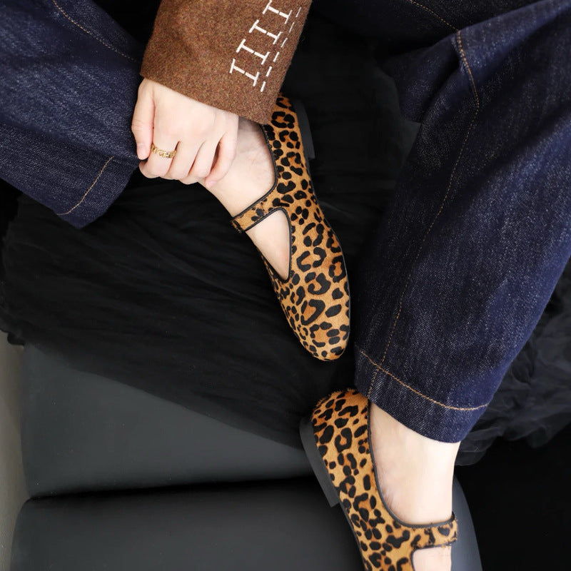 Women's Leopard Print Ballet Flats with Adjustable Strap