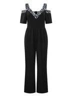 Elegant Women's Jumpsuit with Off-Shoulder Cut & Glittering Neckline