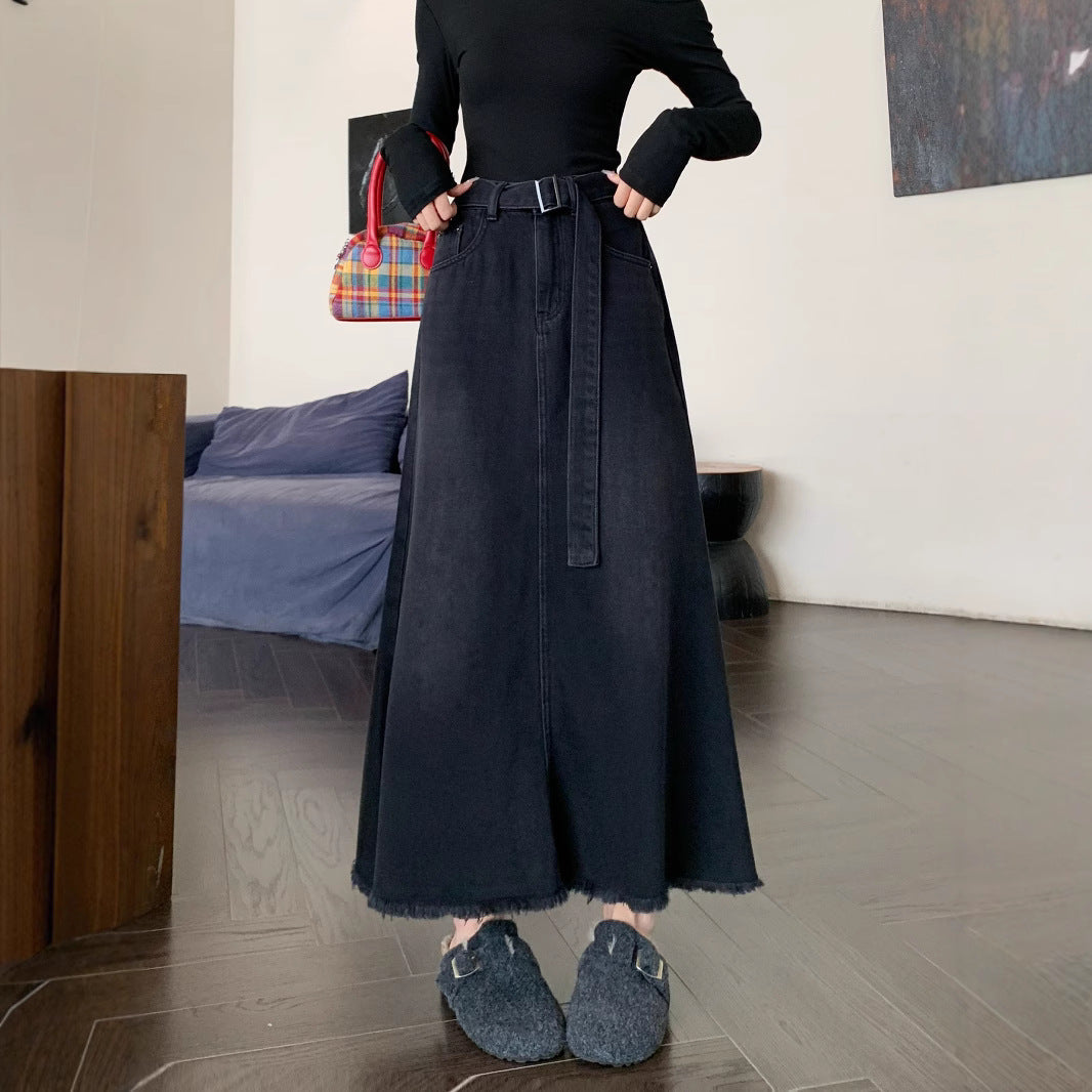 Women's Maxi Skirt with Casual Belt and Frayed Hem