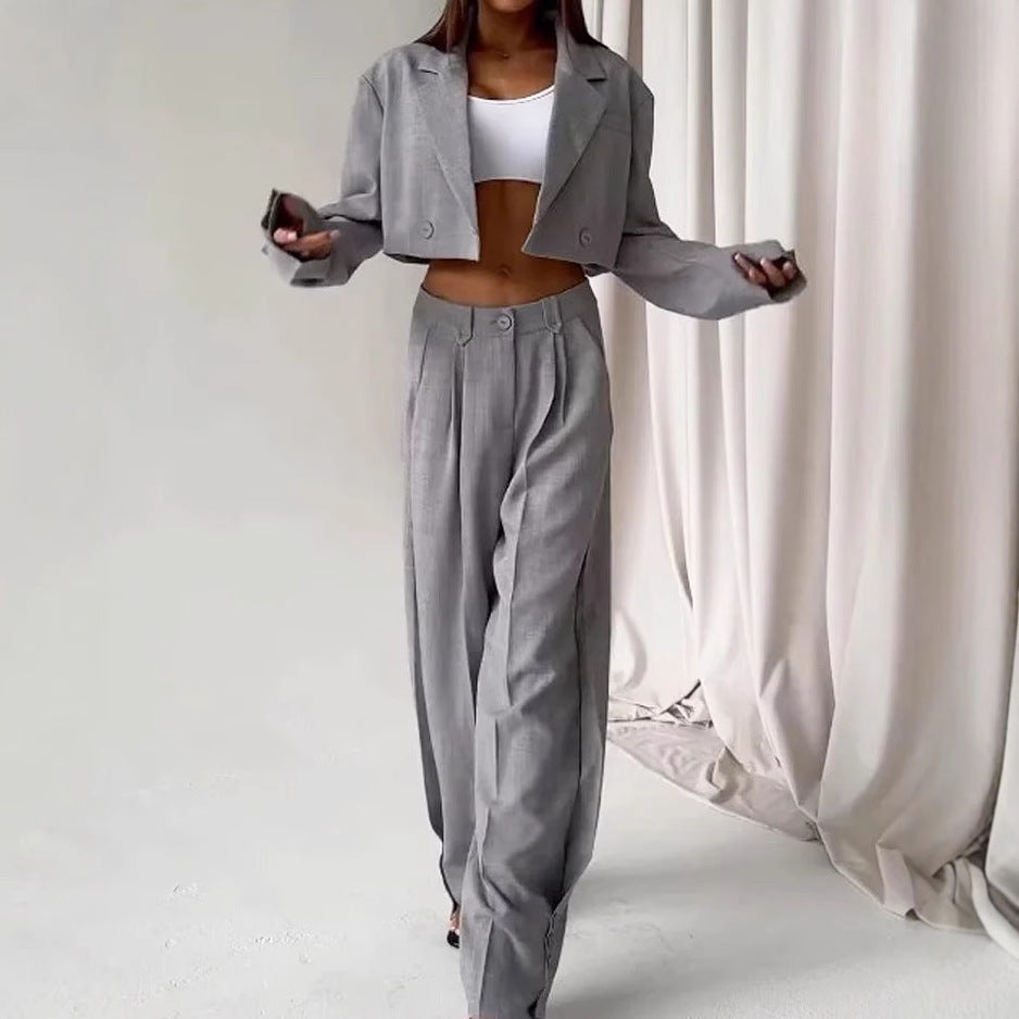 Women's Fashionable Two-Piece Suit with Cropped Blazer and Wide Waistband