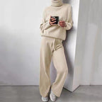 Women's Elegant Knit Loungewear Set with High Neck and Wide Leg