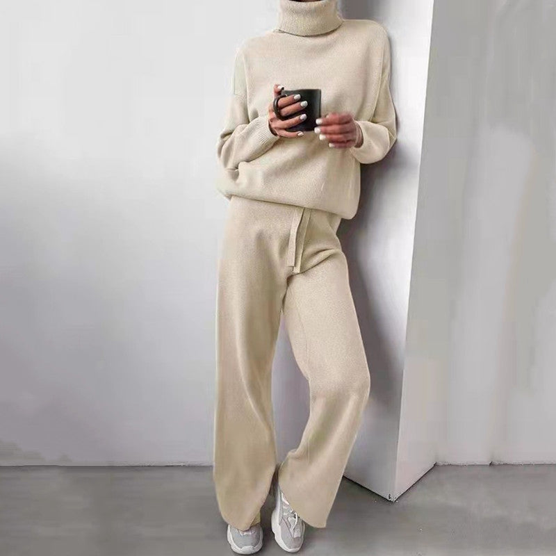Women's Elegant Knit Loungewear Set with High Neck and Wide Leg
